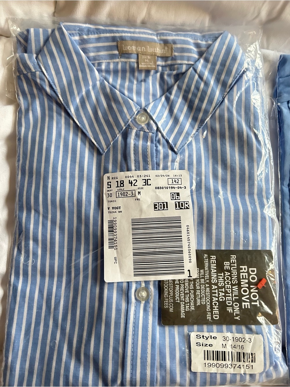 Woman Within Blue and White Striped Button-Down Shirt